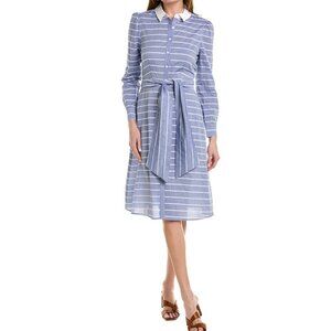NWT COURT & ROWE Womens Tie-Waist Long sleeve white collar Shirtdress, Blue, 12